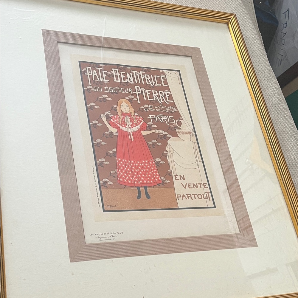 Vintage French Art Print with Gold Frame